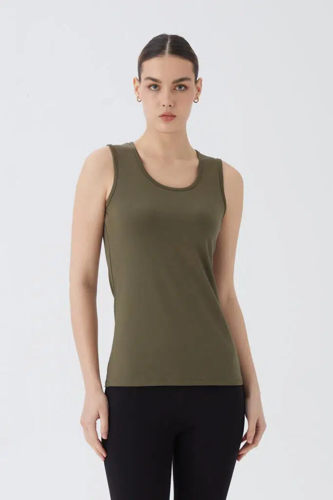 Kolsuz U Yaka Pamuklu Kadın Body T-Shirt 2049- Likralı Vücuda Oturan Body - Haki